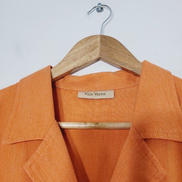 Vice Versa Vintage Blouse Smock Short Sleeve Orange Linen Blend Collared Pockets - Picture 6 of 10